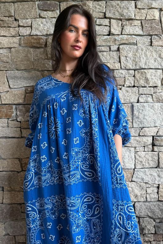Kasbah Bubble Cotton Bandana Peasant Dress Malibu Blue